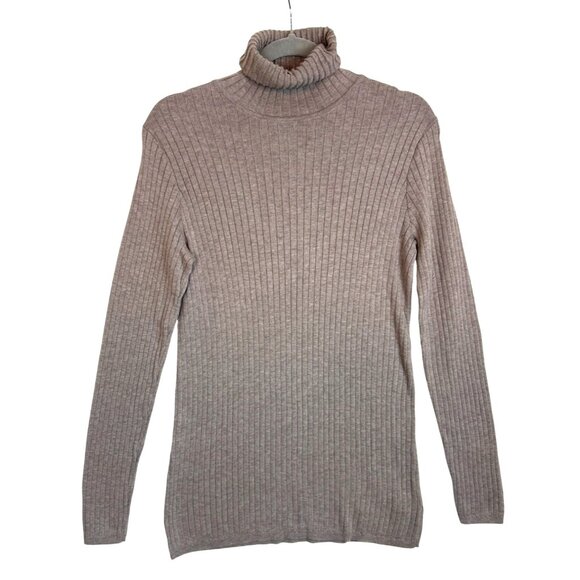 Peruvian Connection Women’s L Ribbed Taupe Knit Turtleneck Top 100% Pima Cotton - Picture 1 of 7